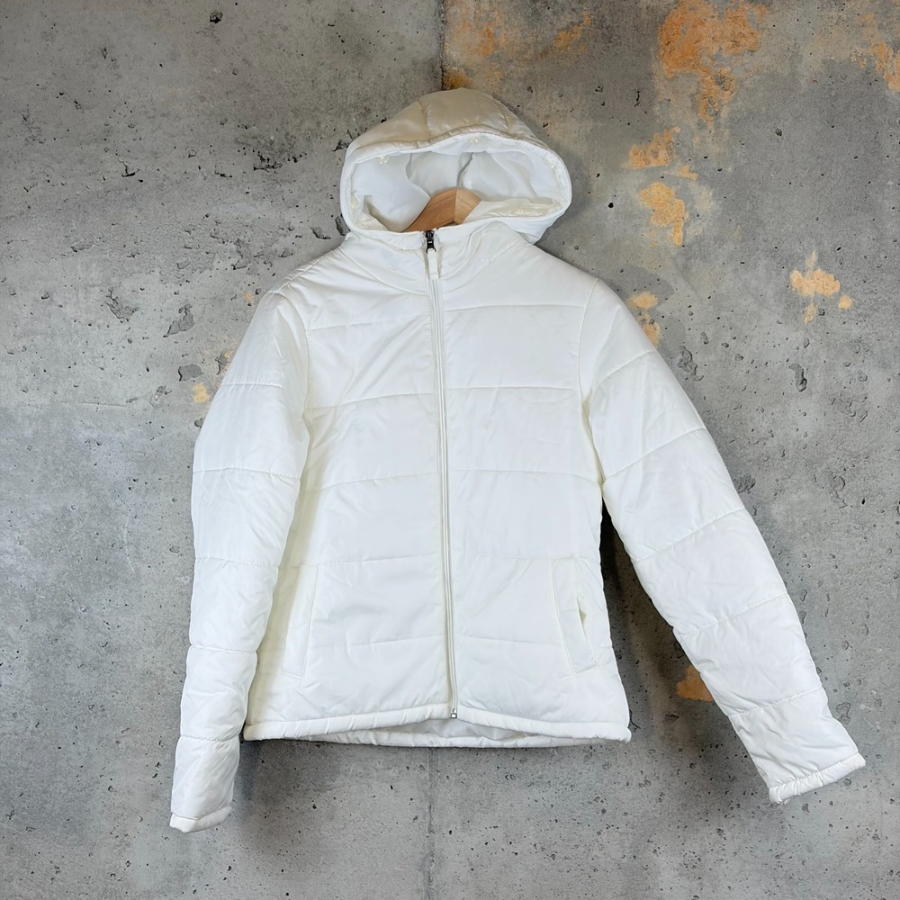 Merona Puffer Jacket Womens Medium White Hooded Faux Fur Trim Full Zip F16815507